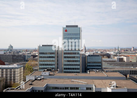 Hannover, Germany. 11th Apr, 2019. The Sparkasse Hannover headquarters can be seen in front of the city silhouette. Credit: Moritz Frankenberg/dpa/Alamy Live News Stock Photo