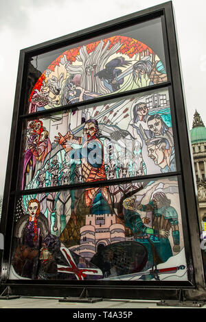 Donegall Place, Belfast, UK. 15th Apr, 2019. A Stain glass window called Glass of Thrones which depicts several characters from the house of Stark has been unveiled in the centre of Belfast. With the Final Season of the acclaimed Fantasy Drama Game of thrones Screening on the 15th April Credit: Bonzo/Alamy Live News Stock Photo