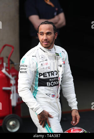 Shanghai, China. 14th Apr, 2019. Mercedes driver Lewis Hamilton of Britain reacts after the Formula One Chinese Grand Prix in Shanghai, China, on April 14, 2019. Credit: Ding Ting/Xinhua/Alamy Live News Stock Photo