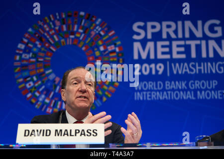 Beijing, USA. 11th Apr, 2019. David Malpass, president of the World Bank, speaks during a press conference of the Spring Meetings 2019 in Washington, DC, the United States, April 11, 2019. Credit: Liu Jie/Xinhua/Alamy Live News Stock Photo