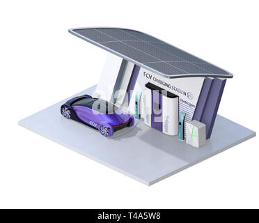 Fuel Cell powered autonomous car filling gas in Fuel Cell Hydrogen Station equipped with solar panels. 3D rendering image. Stock Photo