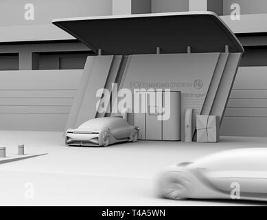 Clay rendering of Fuel Cell powered autonomous car filling gas in Fuel Cell Hydrogen Station. 3D rendering image. Stock Photo