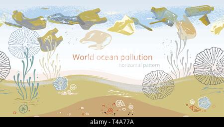 Seamless horizontal pattern with corals, algae, fish, and starfish. Flat icons with sea plants and symbols. Set of color vector illustrations. Stock Vector