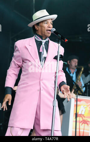 Kid Creole performing with his band, King Creole and the Coconuts at Cornbury Festival, UK. July 6, 2014 Stock Photo