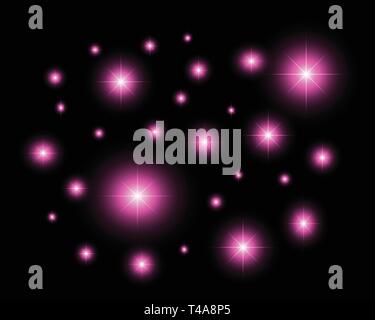 Glitter effect with black isolated background. Pink magic shine decorative elements. Stock Vector
