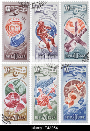 USSR - CIRCA 1977: Collection of 6 postage stamps printed in the USSR, shows different russian spacecraft, circa 1977 Stock Photo