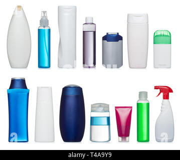 Set of plastic bottles of body care and beauty products Stock Photo