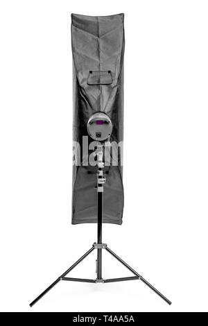 studio flash with a rectangular soft box on the rack on a white background in the studio isolated Stock Photo