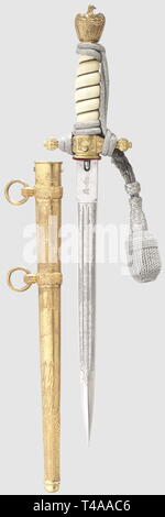 A model 1938 dagger for naval officers, with portepee, Maker Alcoso, Solingen Nickeled blade with etched fouled anchor and sailing ships amid tendrils, the etched maker's mark on the ricasso. Pommel and crossguard with largely intact gilding. White plastic grip. Push-button scabbard release. Gilt 'lightning bolt' scabbard. Length 38.5 cm. Silver portepee with heavy signs of usage, historic, historical, 1930s, 20th century, navy, naval forces, military, militaria, branch of service, branches of service, armed forces, armed service, object, objects, stills, clipping, clipping, Editorial-Use-Only Stock Photo