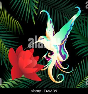 Humming bird flies over tropic flower in night tropic forest. Vector illustration. Stock Vector
