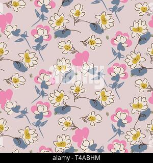 Hand drawn flowers pink dusty colors seamless vector pattern. Stock Vector