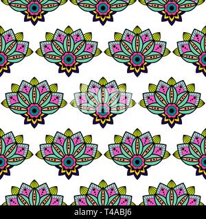 Mehendi mandala design flower with hanging pendent details vector seamless pattern. Stock Vector