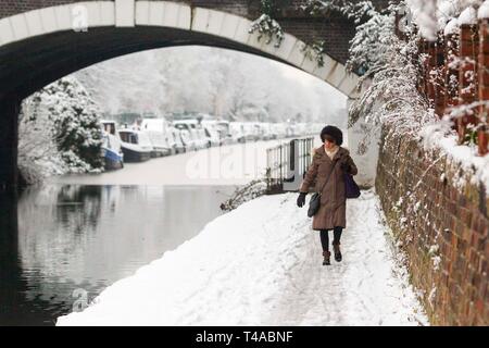 © Chris Bull. 30/01/19  GREATER MANCHESTER   , UK.   A blanket of snow covers Sale in Greater Manchester today (Wednesday 30th January 2019).  A woman on the towpath of the Bridgewater Canal.     Photo credit: CHRIS BULL Stock Photo