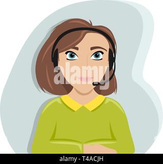 Woman at the table with headphones. Call center employee. Flat vector illustration. Stock Vector