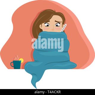 The cold girl wrapped herself in a blanket with a thermometer. Cold season. Flat vector illustration. Stock Vector