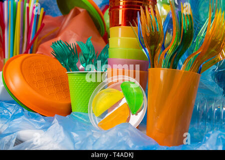 Disposable plastic cutlery of different sizes and textures Stock Photo