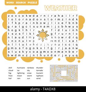 Words puzzle children educational game. Place the letters in right order. Learning vocabulary. Cartoon weather. Stock Vector