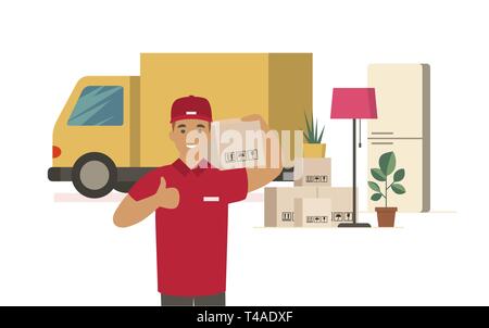 Moving House. Delivery man with cardboard boxes Stock Vector