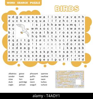Words search puzzle game of birds animals for preschool kids activity worksheet colorful printable version. Vector Illustration. Stock Vector