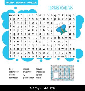 Words puzzle children educational game. Learning vocabulary. Insects word search game. Stock Vector
