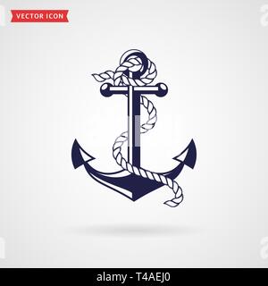 Anchor icon isolated on white background. Silhouette of anchor with rope. Sea, nautical and travel themes. Vector illustration. Stock Vector