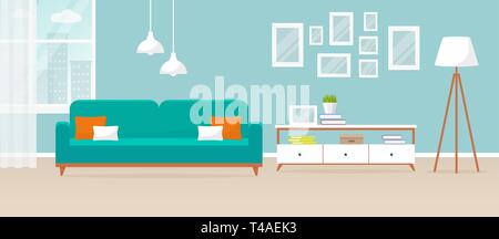 Interior of the living room. Vector banner. Design of a cozy room with sofa, TV stand, window and decor accessories. Stock Vector