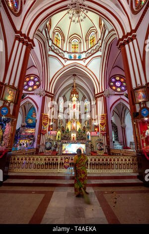 Vertical view inside the Basilica of the Sacred Heart in Pondicherry, India. Stock Photo
