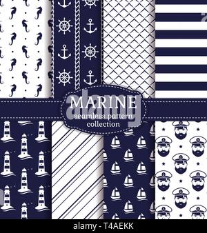 Set of marine and nautical backgrounds in navy blue and white colors. Sea theme. Cute seamless patterns collection. Vector illustration. Stock Vector