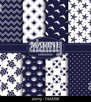 Set of marine and nautical backgrounds in navy blue and white colors. Sea theme. Cute seamless patterns collection. Vector illustration. Stock Vector