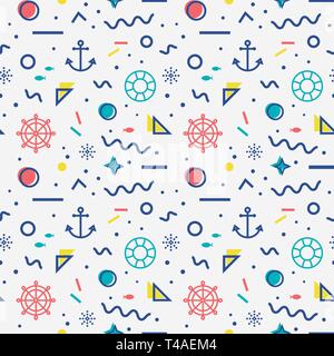 Nautical seamless pattern with anchors, steering wheels, lifebelts, fishes and with abstract geometric shapes in memphis style. Vector background. Stock Vector