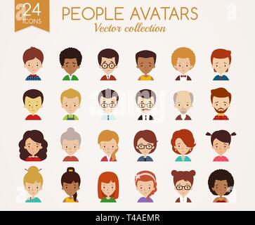 Cute avatars set. Male and Female faces. Diverse people with different nationalities, ages, clothing and hair styles. Vector icons isolated on white.
