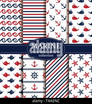 Set of marine and nautical backgrounds. Sea theme. Seamless patterns collection. Vector illustration. Stock Vector
