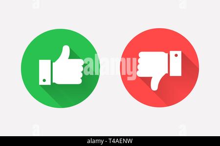 Thumbs up and down flat icons. Hands showing Like and Dislike signs. Modern circle symbols with long shadows for social media or apps. Vector. Stock Vector