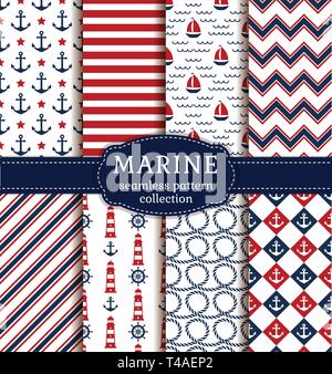 Set of sea and nautical backgrounds in white, blue and red colors. Sea theme. Seamless patterns collection. Vector illustration. Stock Vector