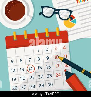 Month planning on the calendar. Vector background. Banner with calendar, cup of coffee, documents, stationery and glasses. Business theme. Flat style. Stock Vector