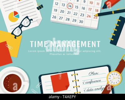 Time management banner. Efficient use of time for implementation of the plan. Vector concept background. Top view of the workplace. Flat style. Stock Vector