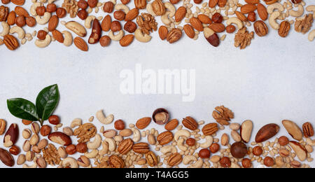 mix of nuts on a light background. view from above. banner. copy space Stock Photo