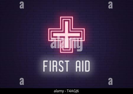 Neon composition of Medical Cross. Vector illustration of glowing Neon Medical cross with text First Aid. Digital concept for Healthcare service, Conf Stock Vector