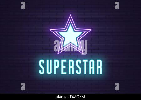 Neon composition of glowing Superstar. Vector glowing illustration of Neon star with text Superstar. Bright digital signboard for Entertainment indust Stock Vector