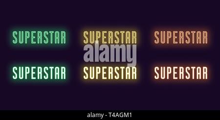 Neon icon set of text Superstar. Vector illustration of glowing Neon word Superstar. Isolated digital collection of icon, sign and symbol for Entertai Stock Vector