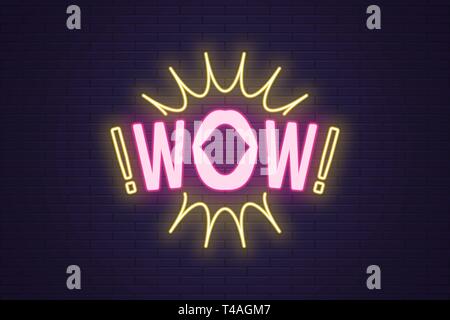 Neon composition of Wow phrase. Vector illustration of glowing Neon text Wow with woman mouth and bang effect. Bright digital signboard. Pink and yell Stock Vector