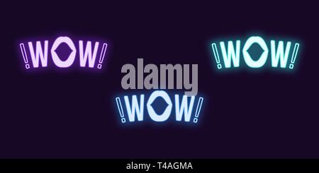 Neon icon set of Wow phrase. Vector illustration of glowing Neon text Wow with woman mouth. Isolated digital collection of signs, symbols for Entertai Stock Vector