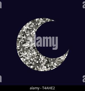 Moon icon on dark blue background. Silhouette of silver tinsel. Vector illustration. Stock Vector
