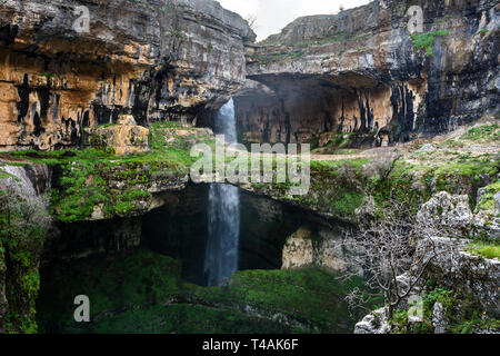 Baatara gorge waterfall and the three natural bridges, Tannourine, Lebanon Stock Photo