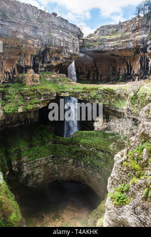 Baatara gorge waterfall and the three natural bridges, Tannourine, Lebanon Stock Photo