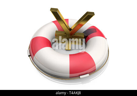 3d illustration: Golden symbol of the yen / yuan on a Lifebuoy, isolated on white background. Support for the Japanese / Chinese economy. Financial Stock Photo