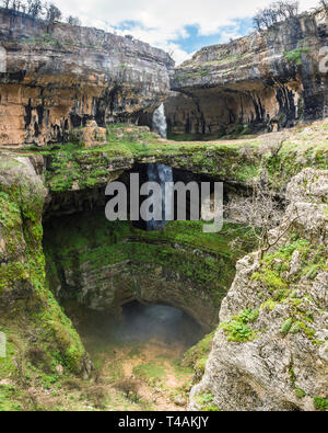 Baatara gorge waterfall and the three natural bridges, Tannourine, Lebanon Stock Photo