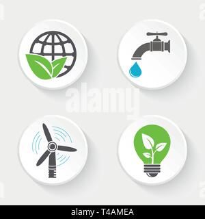 Ecology icons set. World and leaf, windmill, faucet with water drop and eco light bulb. Stock Vector