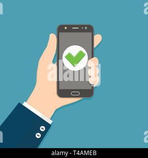 Flat design style human hand holding smartphone with green check mark on the screen Stock Vector