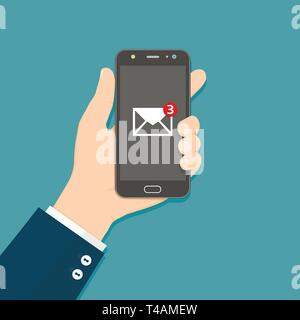 Flash Design style hand holding the smartphone with e-mail application on screen Stock Vector